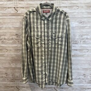 Simms Mens XXL Shirt Big Sky Western Pearl Snap‎ Fishing Green Plaid Performance